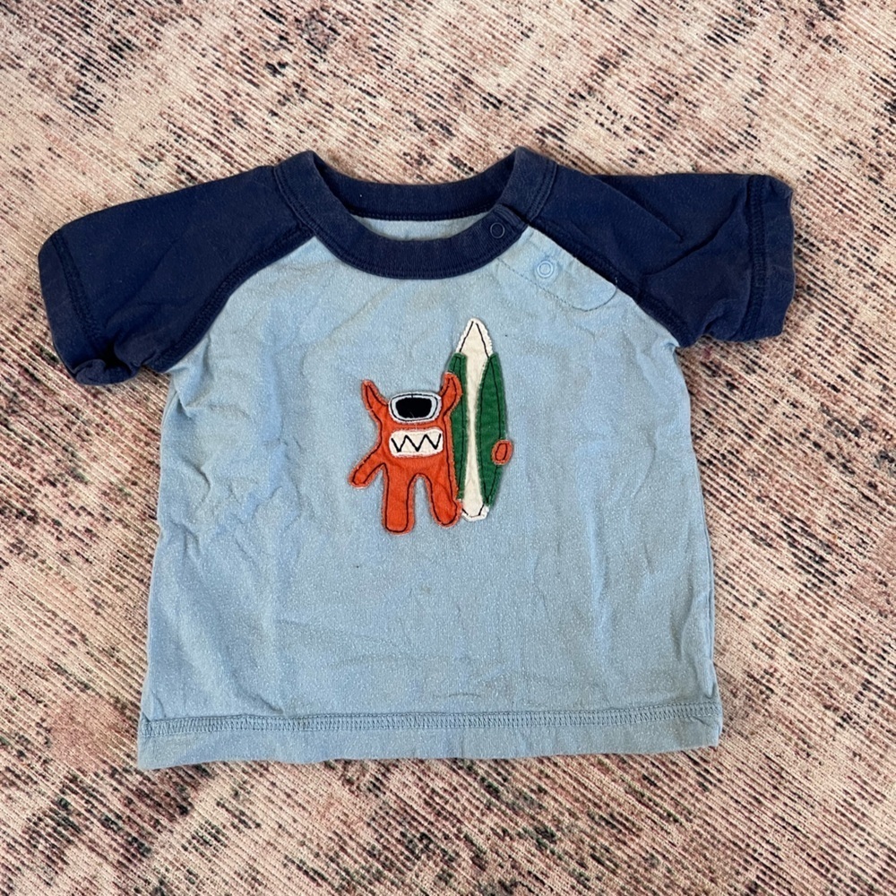 Blue and Navy Kids T-Shirt with Surfing Monster Design
